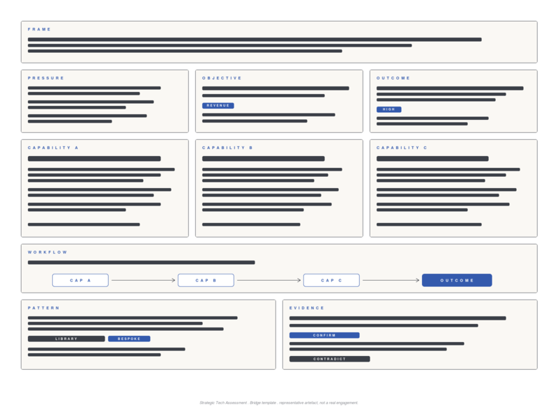 Strategy Execution Platform artefact: the Bridge, a representative Assessment template with client content redacted to typographic shapes.